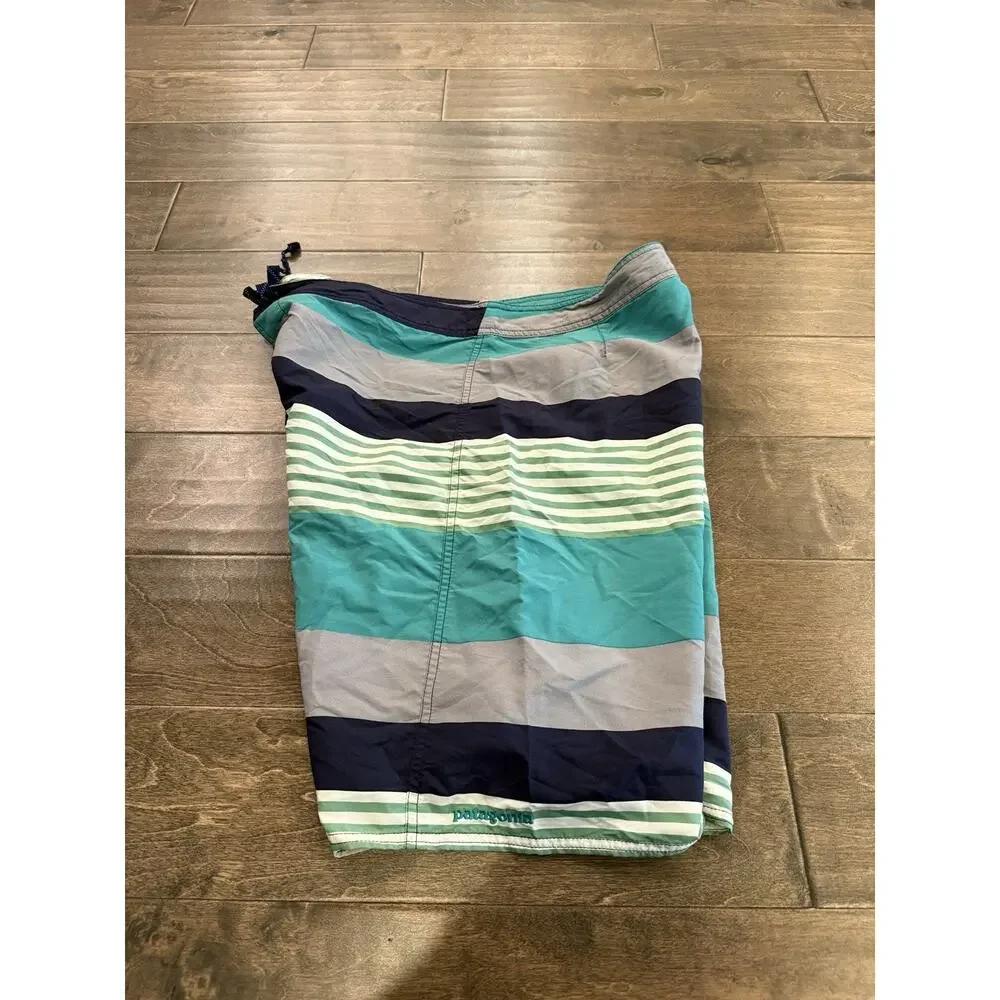 Patagonia Board Shorts Mens Size 35 Green Gray Striped Unlined Swim Trunks Beach